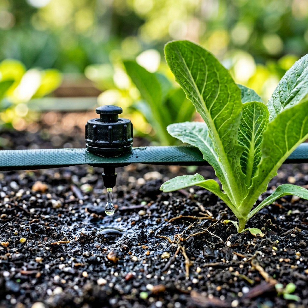 Close-up of drip irrigation tape emitter dripping water onto soil at the base of a young vegetable plant