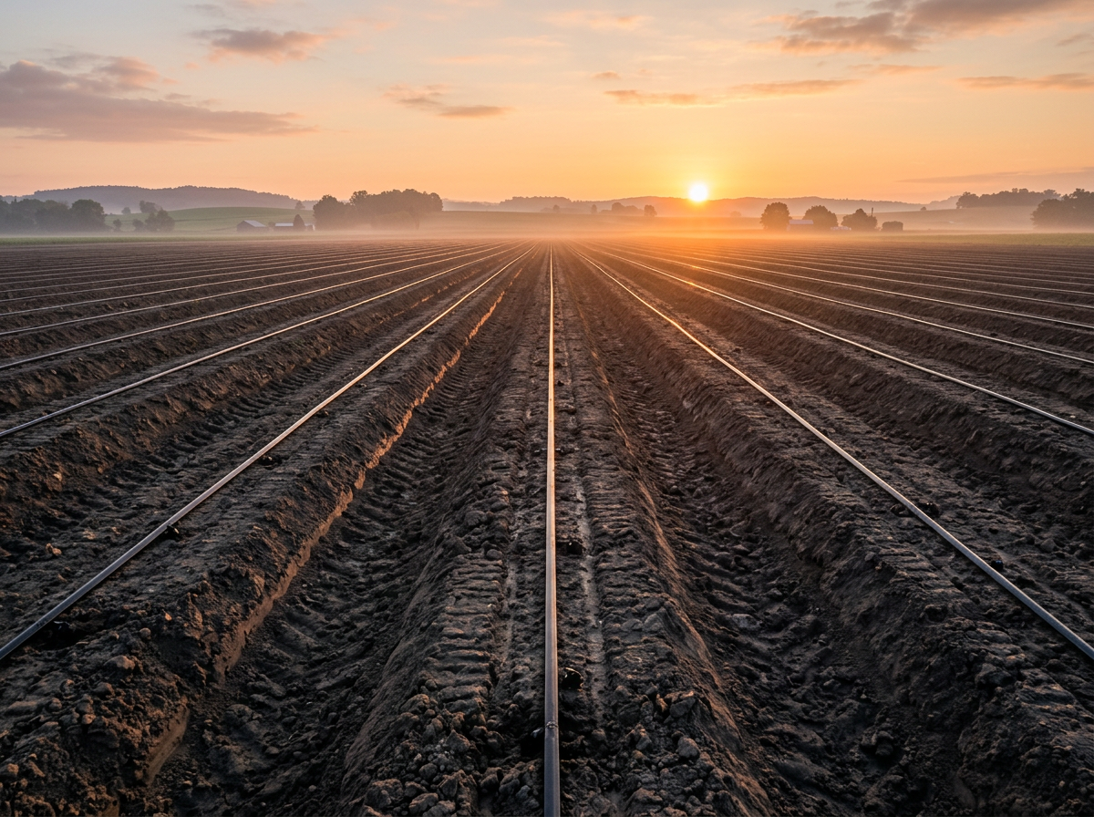 Commercial drip irrigation lines running along long rows of dark cultivated soil at sunrise