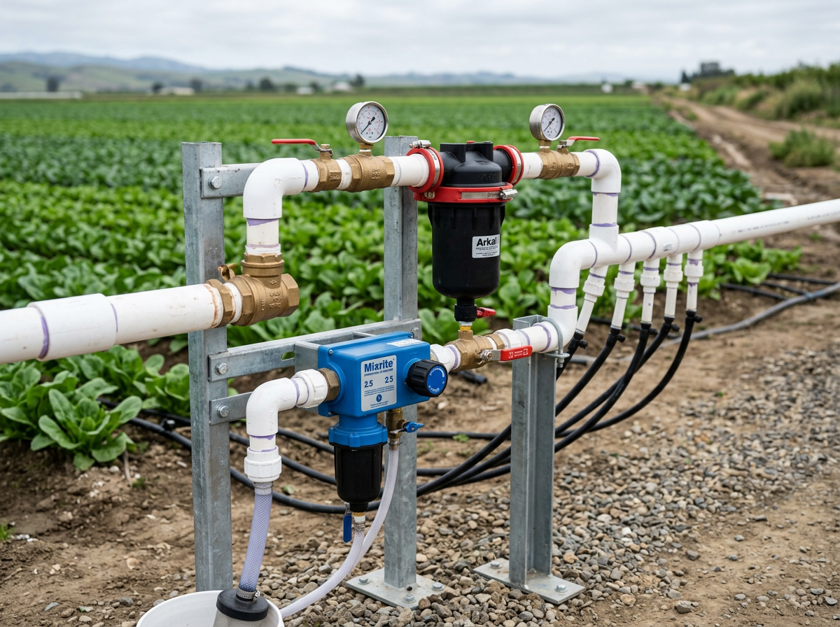 Filtration and fertigation head assembly of commercial drip irrigation system mounted on stand
