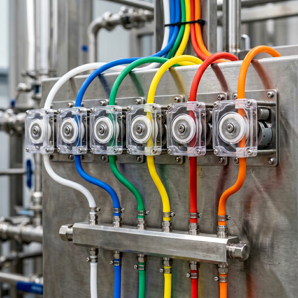 Close-up of peristaltic dosing pumps and color-coded nutrient lines on automated fertigation station