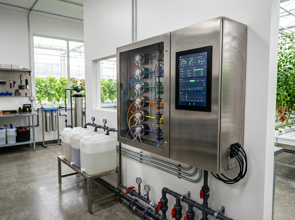 Commercial automated fertigation station mounted on a clean white wall in a modern greenhouse mechanical room