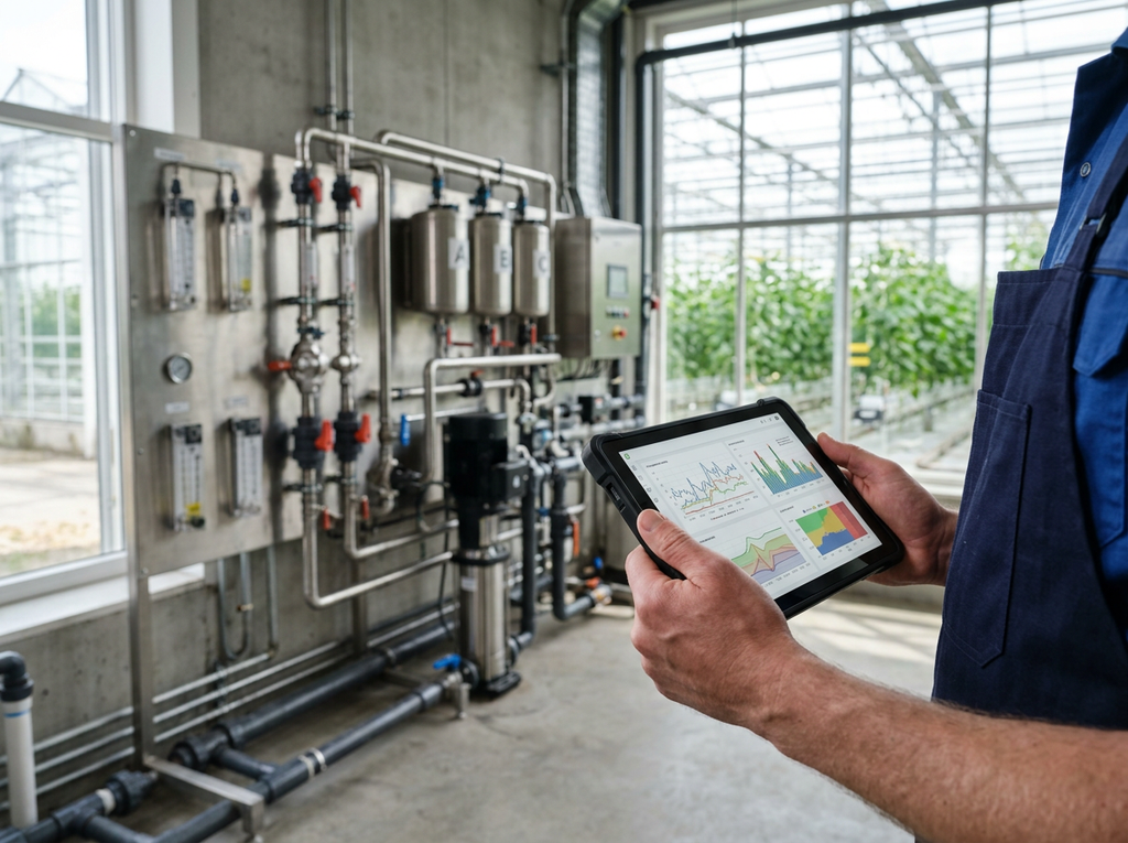 Worker in clean greenhouse uniform checks tablet showing nutrient dashboard near automated fertigation station