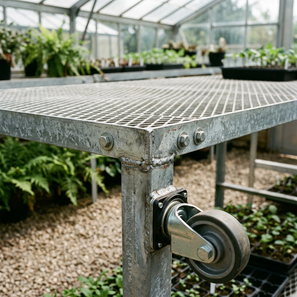 Close-up detail of expanded metal mesh top and galvanized steel frame of greenhouse rolling bench