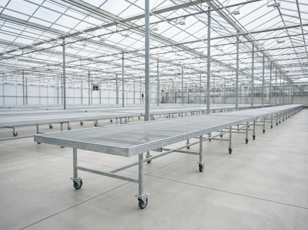 Commercial galvanized rolling greenhouse bench system installed in modern production greenhouse with overhead grow lights