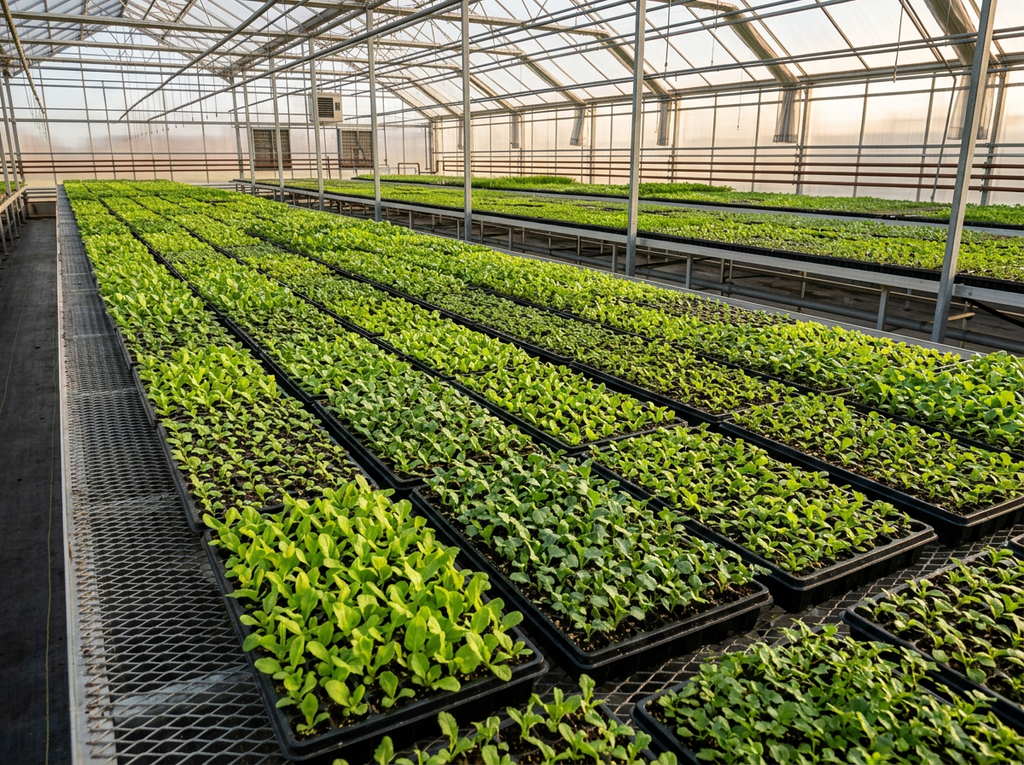 Greenhouse rolling bench loaded with thousands of healthy nursery plant starts in black trays