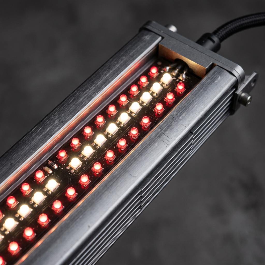 Close-up of LED grow light bar diodes and aluminum heatsink