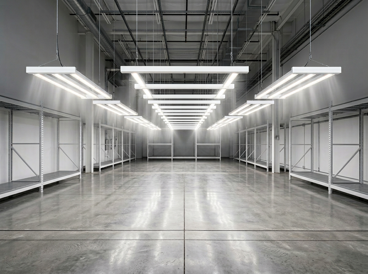 Eight modern white commercial LED grow light fixtures suspended in a row above an empty production room