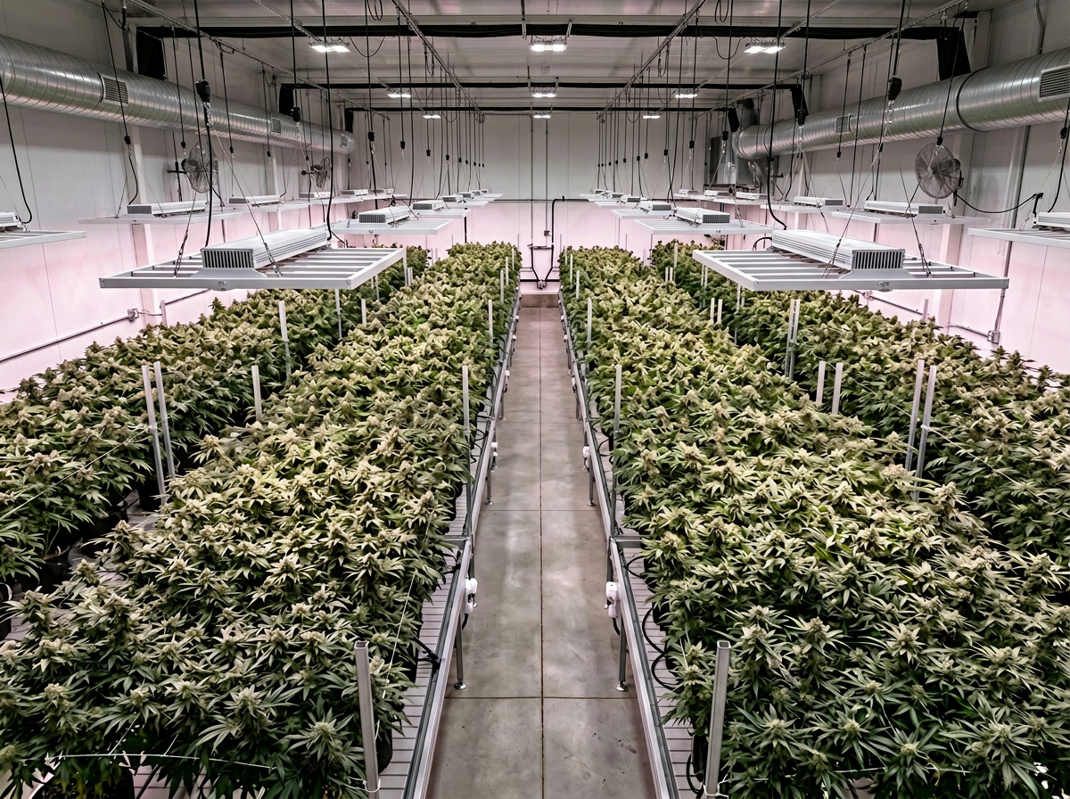 LED grow lights illuminating mature flowering crop in a commercial production room