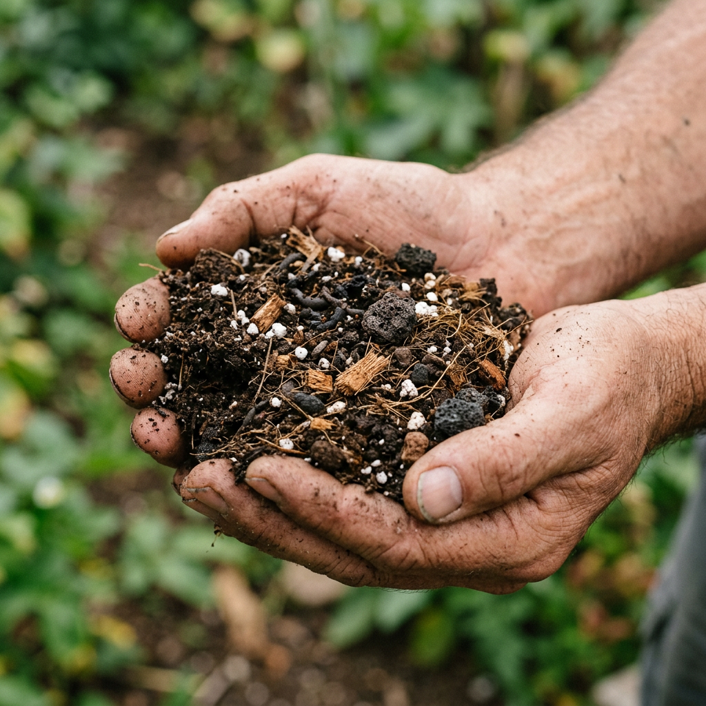 Close-up of rich dark crumbly living soil mixture in cupped hands showing texture and visible amendments