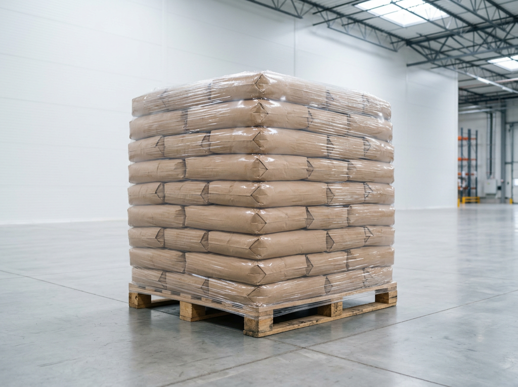 Pallet of sixty bags of premium living soil shrink-wrapped on a wooden pallet on a clean warehouse floor