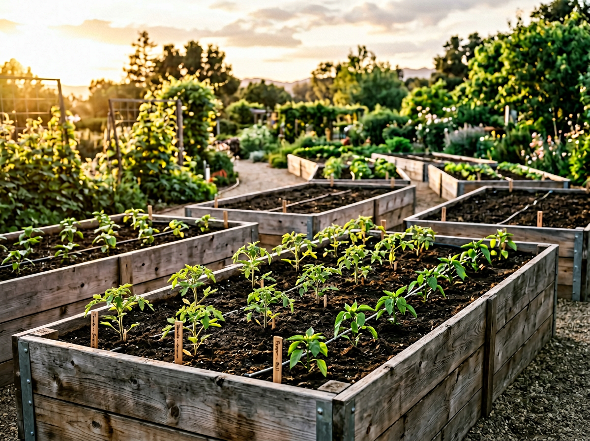 Healthy young tomato plants thriving in raised beds filled with premium living soil